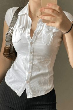 Coquette Aesthetic Cargo Skirt: Y2K Fashion Pocket Button Down Cropped Blouse