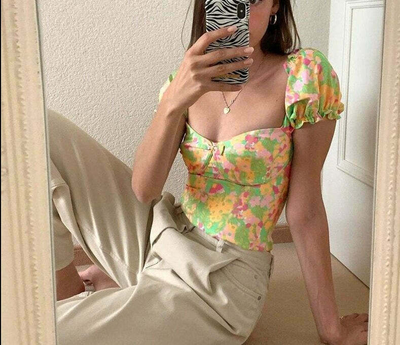 Coquette Aesthetic Carlie Floral Top - Y2K Fashion Women's Clothing for Grunge and Pastel Goth Style