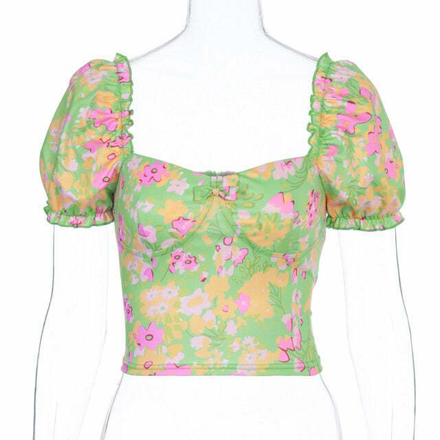 Coquette Aesthetic Carlie Floral Top - Y2K Fashion Women's Clothing for Grunge and Pastel Goth Style