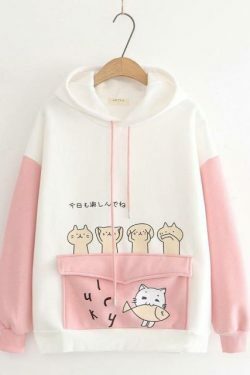Coquette Aesthetic Cat Print Color Block Hoodie - Y2K Fashion Statement for Women