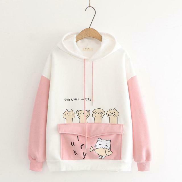 Coquette Aesthetic Cat Print Color Block Hoodie - Y2K Fashion Statement for Women