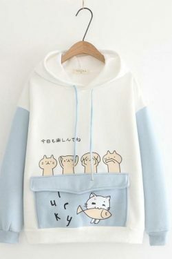 Coquette Aesthetic Cat Print Color Block Hoodie - Y2K Fashion Statement for Women