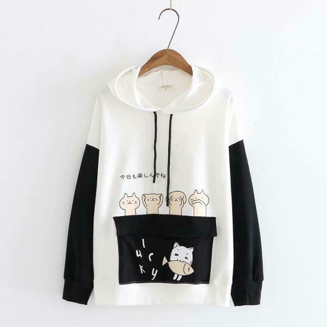 Coquette Aesthetic Cat Print Color Block Hoodie - Y2K Fashion Statement for Women