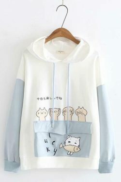 Coquette Aesthetic Cat Print Color Block Hoodie - Y2K Fashion Statement for Women