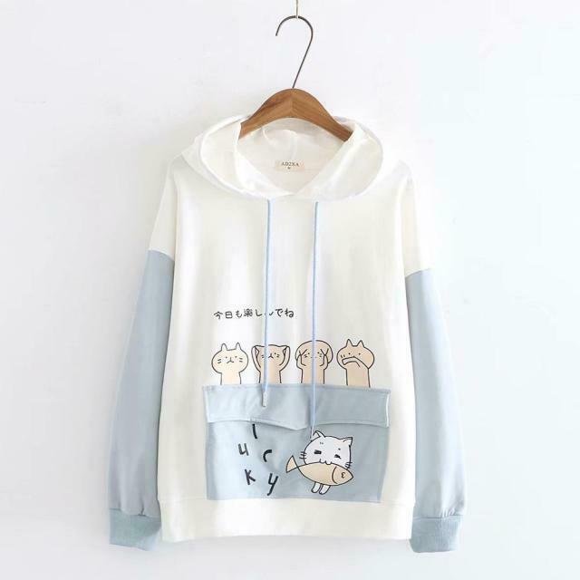 Coquette Aesthetic Cat Print Color Block Hoodie - Y2K Fashion Statement for Women