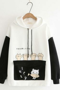Coquette Aesthetic Cat Print Color Block Hoodie - Y2K Fashion Statement for Women