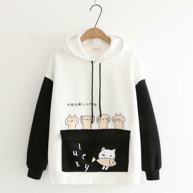 Coquette Aesthetic Cat Print Color Block Hoodie - Y2K Fashion Statement for Women