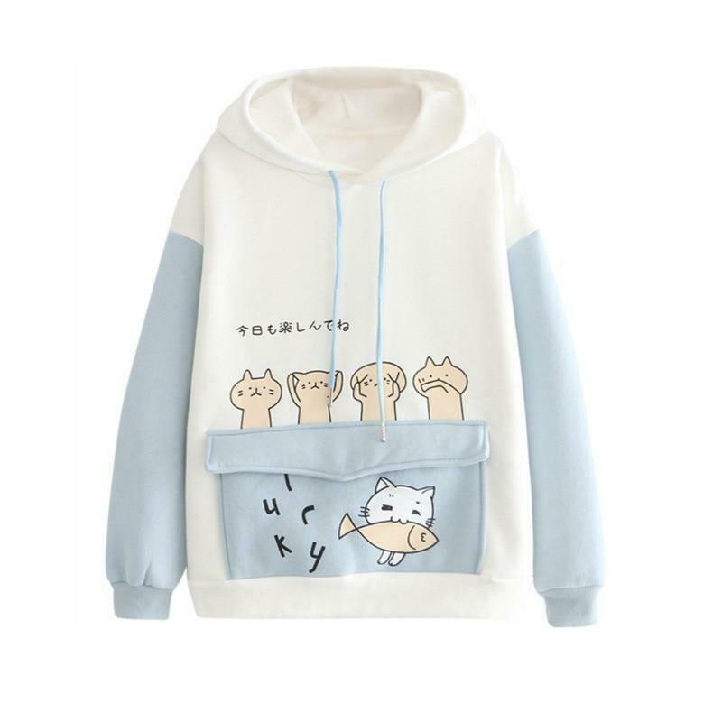 Coquette Aesthetic Cat Print Color Block Hoodie - Y2K Fashion Statement for Women