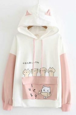 Coquette Aesthetic Cat Print Color Block Hoodie - Y2K Fashion Statement for Women