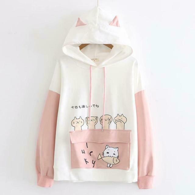 Coquette Aesthetic Cat Print Color Block Hoodie - Y2K Fashion Statement for Women