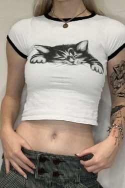 Coquette Aesthetic Cat Print Crop Top with Contrast Trim