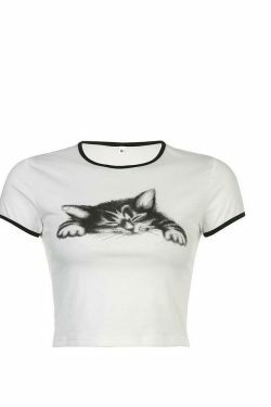 Coquette Aesthetic Cat Print Crop Top with Contrast Trim