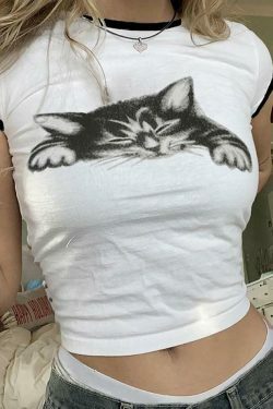 Coquette Aesthetic Cat Print Crop Top with Contrast Trim