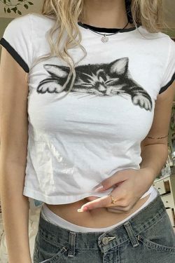 Coquette Aesthetic Cat Print Crop Top with Contrast Trim