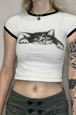 Coquette Aesthetic Cat Print Crop Top with Contrast Trim