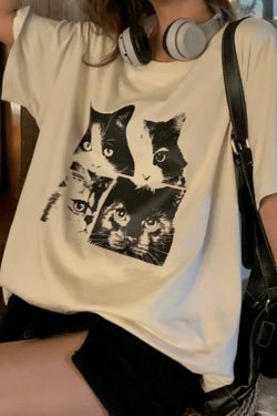 Coquette Aesthetic Cat Print Oversized Tee - Y2K Fashion Grunge Style Cute Tops Women's Fashion