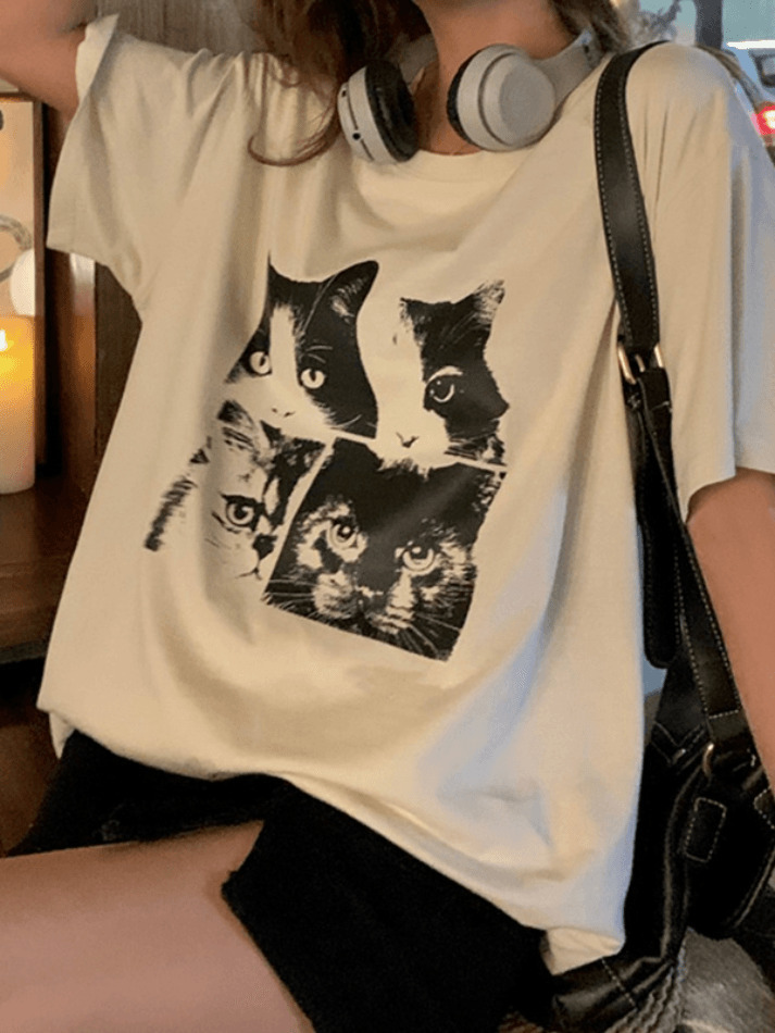 Coquette Aesthetic Cat Print Oversized Tee - Y2K Fashion Grunge Style Cute Tops Women's Fashion