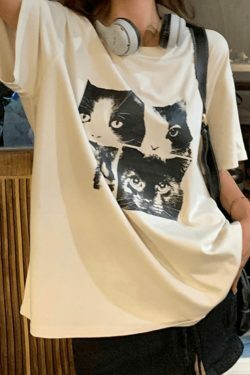 Coquette Aesthetic Cat Print Oversized Tee - Y2K Fashion Grunge Style Cute Tops Women's Fashion