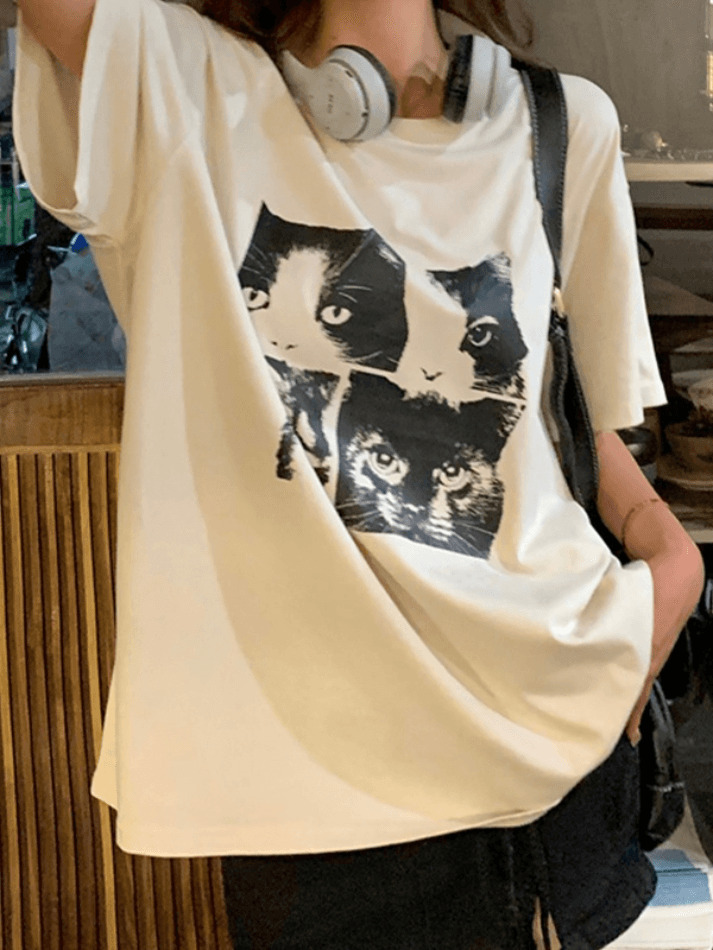 Coquette Aesthetic Cat Print Oversized Tee - Y2K Fashion Grunge Style Cute Tops Women's Fashion