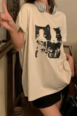 Coquette Aesthetic Cat Print Oversized Tee - Y2K Fashion Grunge Style Cute Tops Women's Fashion