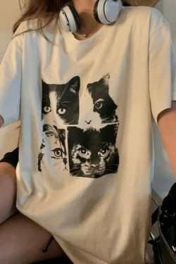 Coquette Aesthetic Cat Print Oversized Tee - Y2K Fashion Grunge Style Cute Tops Women's Fashion