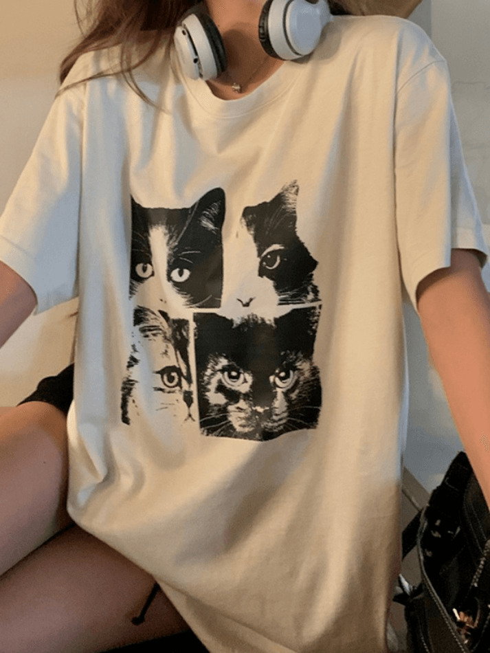 Coquette Aesthetic Cat Print Oversized Tee - Y2K Fashion Grunge Style Cute Tops Women's Fashion