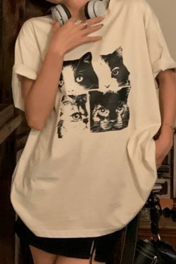 Coquette Aesthetic Cat Print Oversized Tee - Y2K Fashion Grunge Style Cute Tops Women's Fashion