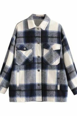 Coquette Aesthetic Checkered Jacket: Y2K Fashion Long Sleeve Shift for Women