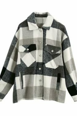 Coquette Aesthetic Checkered Jacket: Y2K Fashion Long Sleeve Shift for Women