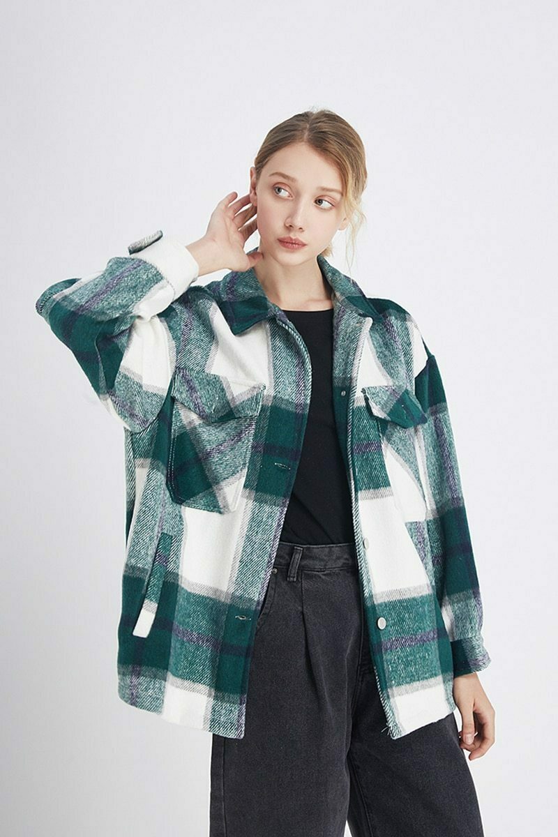 Coquette Aesthetic Checkered Jacket: Y2K Fashion Long Sleeve Shift for Women