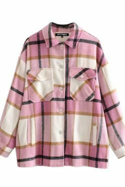 Coquette Aesthetic Checkered Jacket: Y2K Fashion Long Sleeve Shift for Women