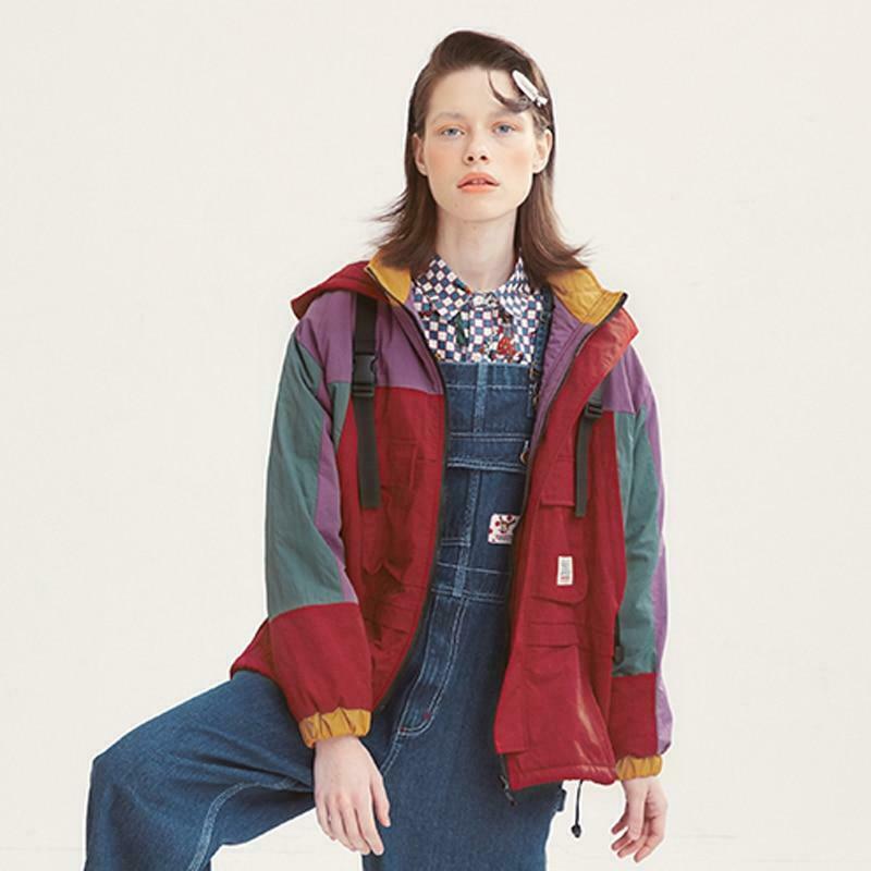 Coquette Aesthetic Color Block Hooded Coat with Patched Pockets Coquette Aesthetic Color Block Hooded Coat with Patched Pockets