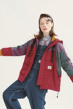 Coquette Aesthetic Color Block Hooded Coat with Patched Pockets