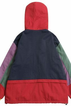 Coquette Aesthetic Color Block Hooded Coat with Patched Pockets