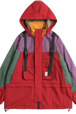 Coquette Aesthetic Color Block Hooded Coat with Patched Pockets