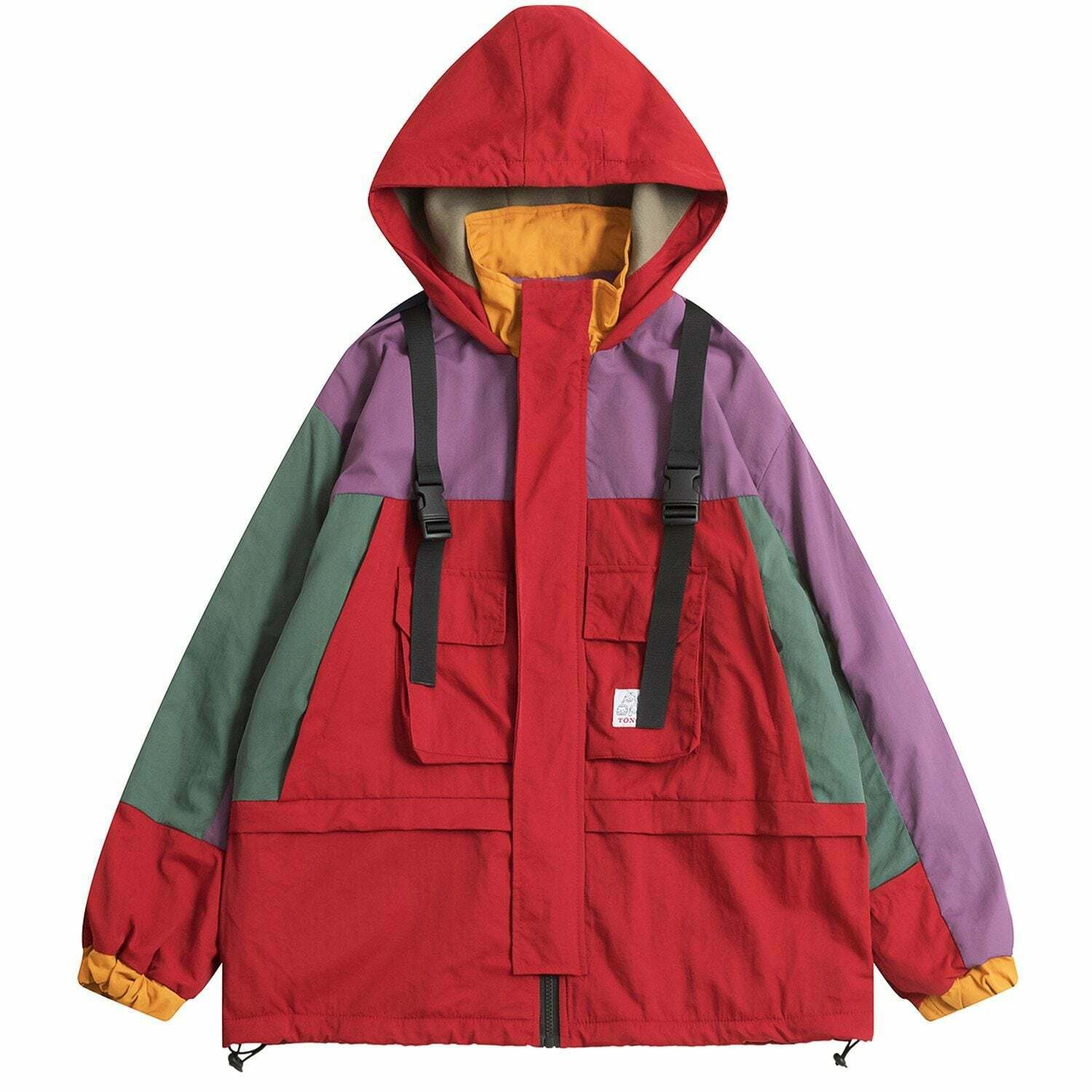 Coquette Aesthetic Color Block Hooded Coat with Patched Pockets Coquette Aesthetic Color Block Hooded Coat with Patched Pockets