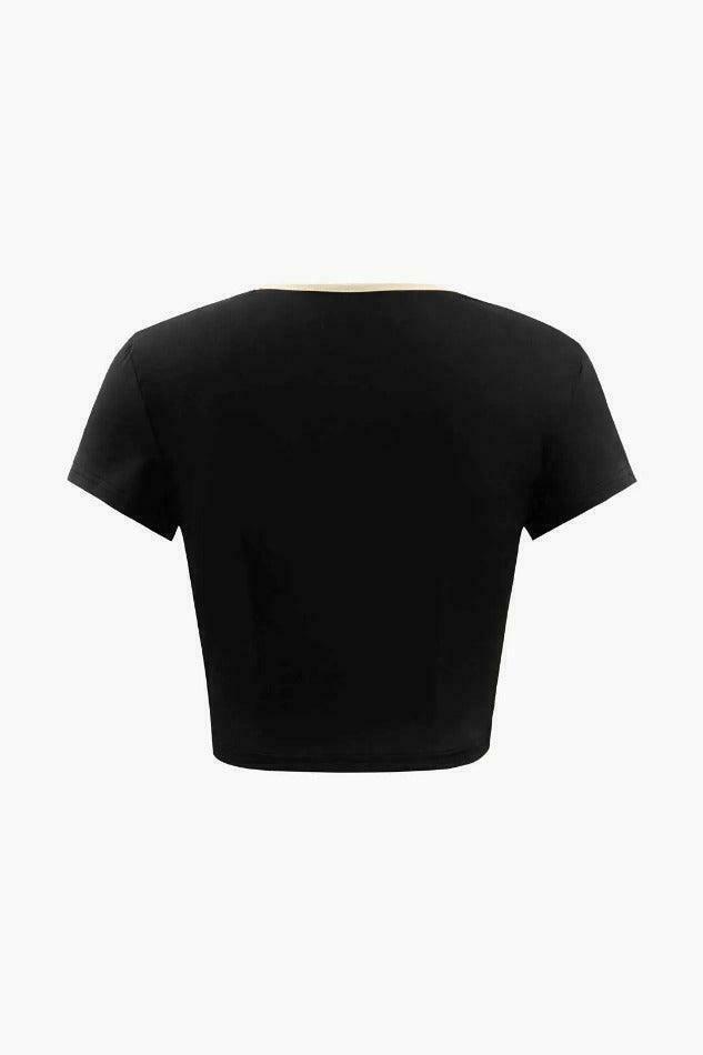 Coquette Aesthetic Contrast Binding Square Neck T-Shirt and Bootcut Pants Set