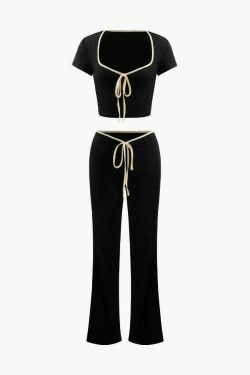Coquette Aesthetic Contrast Binding Square Neck T-Shirt and Bootcut Pants Set