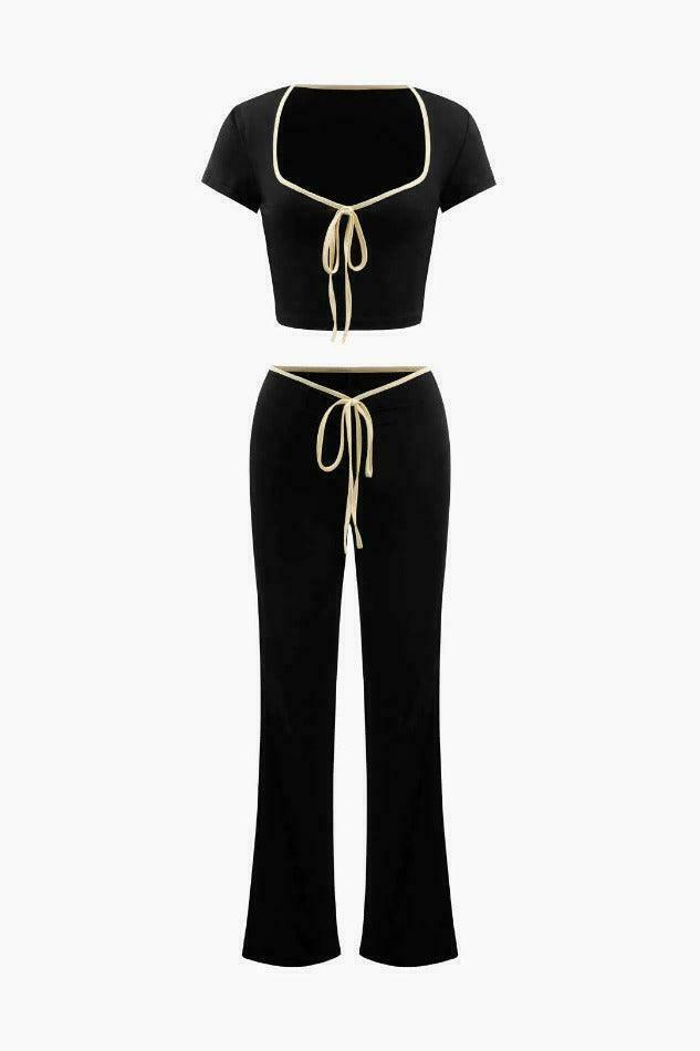 Coquette Aesthetic Contrast Binding Square Neck T-Shirt and Bootcut Pants Set