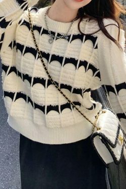 Coquette Aesthetic Contrast Color Jacquard Crew Neck Sweater