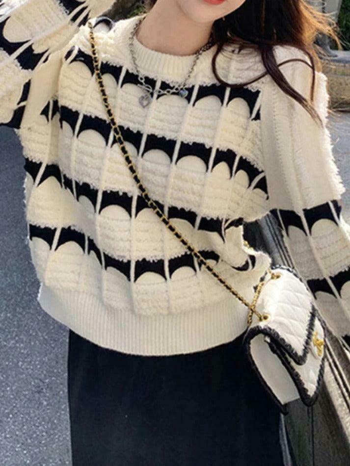 Coquette Aesthetic Contrast Color Jacquard Crew Neck Sweater Coquette Aesthetic Contrast Color Jacquard Crew Neck Sweater