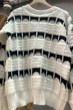 Coquette Aesthetic Contrast Color Jacquard Crew Neck Sweater