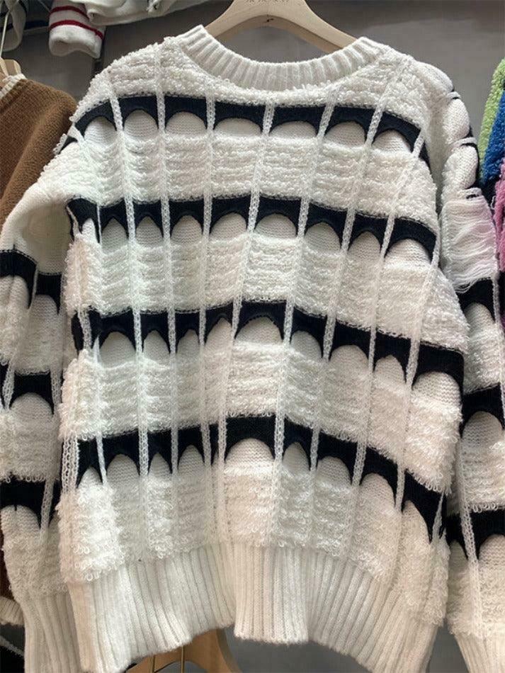 Coquette Aesthetic Contrast Color Jacquard Crew Neck Sweater Coquette Aesthetic Contrast Color Jacquard Crew Neck Sweater