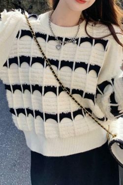 Coquette Aesthetic Contrast Color Jacquard Crew Neck Sweater