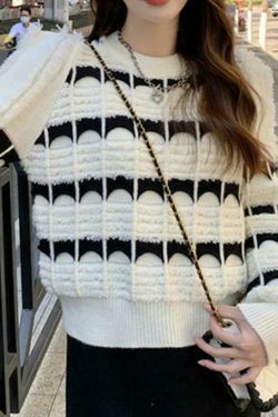 Coquette Aesthetic Contrast Color Jacquard Crew Neck Sweater