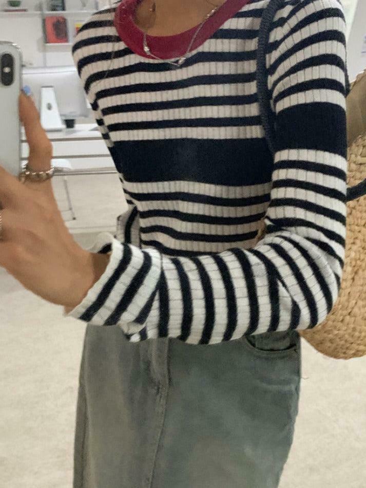 Coquette Aesthetic Contrast Color Stripe Slim Knit Sweater