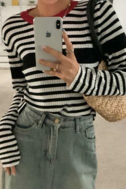 Coquette Aesthetic Contrast Color Stripe Slim Knit Sweater
