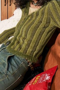 Coquette Aesthetic Contrast Color Vertical Stripe V Neck Cardigan