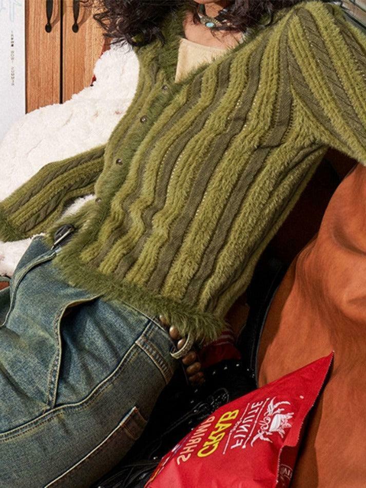 Coquette Aesthetic Contrast Color Vertical Stripe V Neck Cardigan