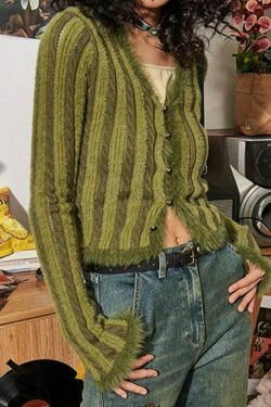 Coquette Aesthetic Contrast Color Vertical Stripe V Neck Cardigan